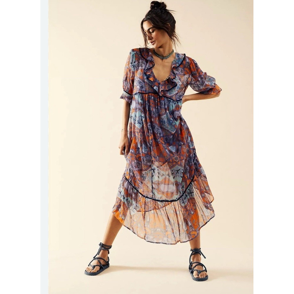 Free People Sheer Ruffled Tiered Maxi Dress in Blue and Orange Paisley